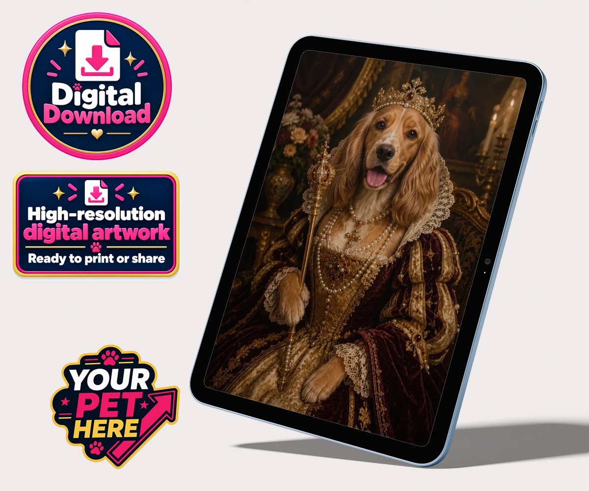 Personalised The Renaissance Paw Queen dog personalised digital downloads featuring step into a world of elegance and charm with The Renaissance Paw Queen