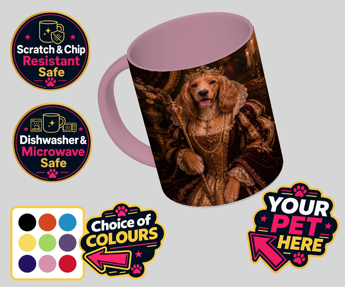 Personalised The Renaissance Paw Queen dog coloured photo mugs featuring step into a world of elegance and charm with The Renaissance Paw Queen