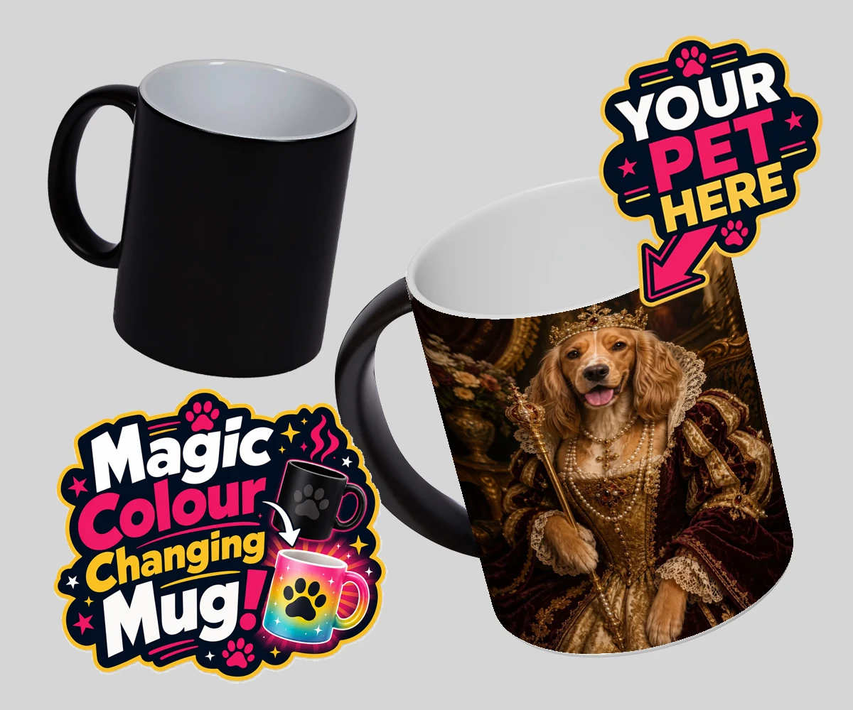 Personalised The Renaissance Paw Queen dog magic photo mugs featuring step into a world of elegance and charm with The Renaissance Paw Queen