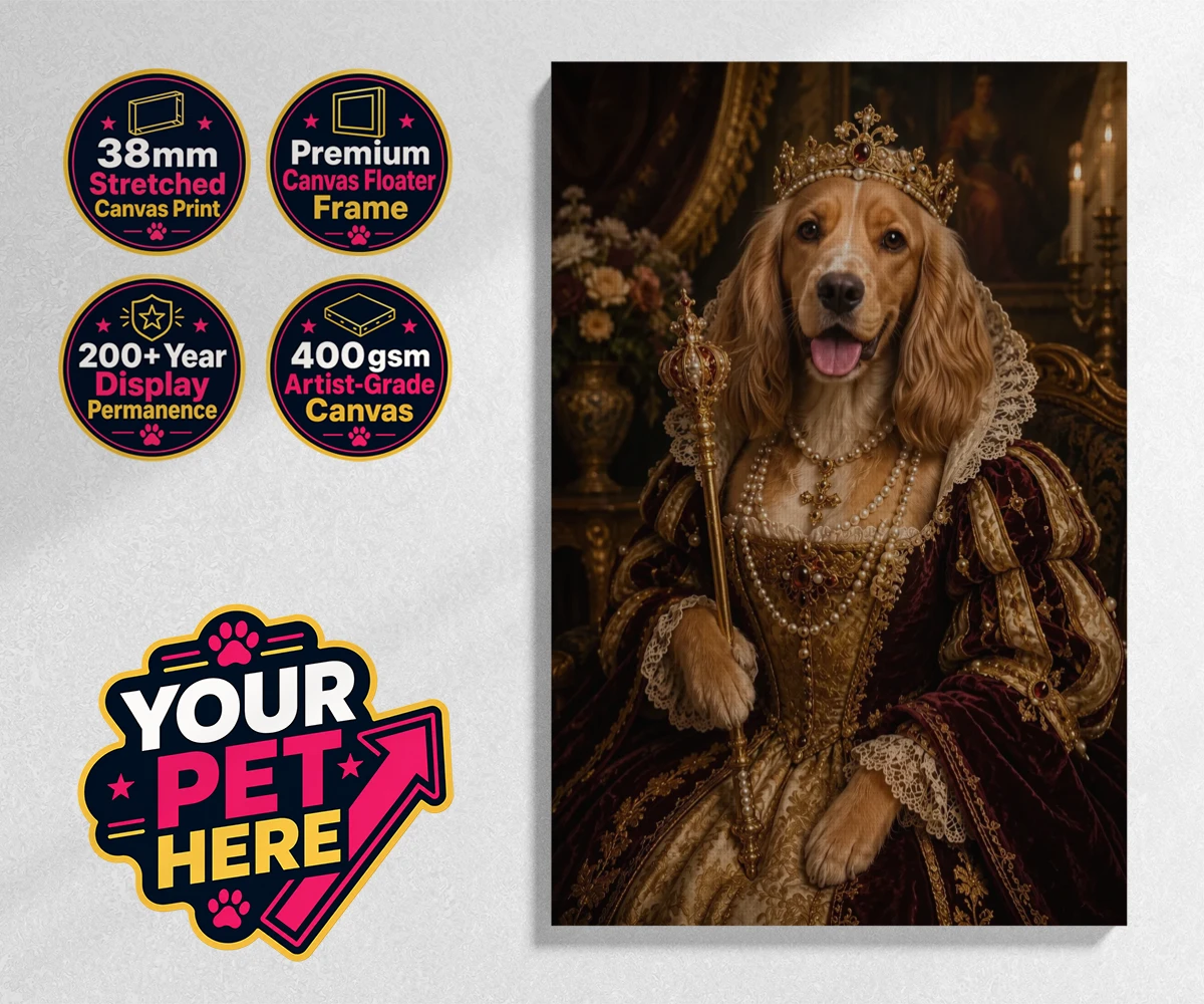 Personalised The Renaissance Paw Queen dog stretched canvas print featuring step into a world of elegance and charm with The Renaissance Paw Queen