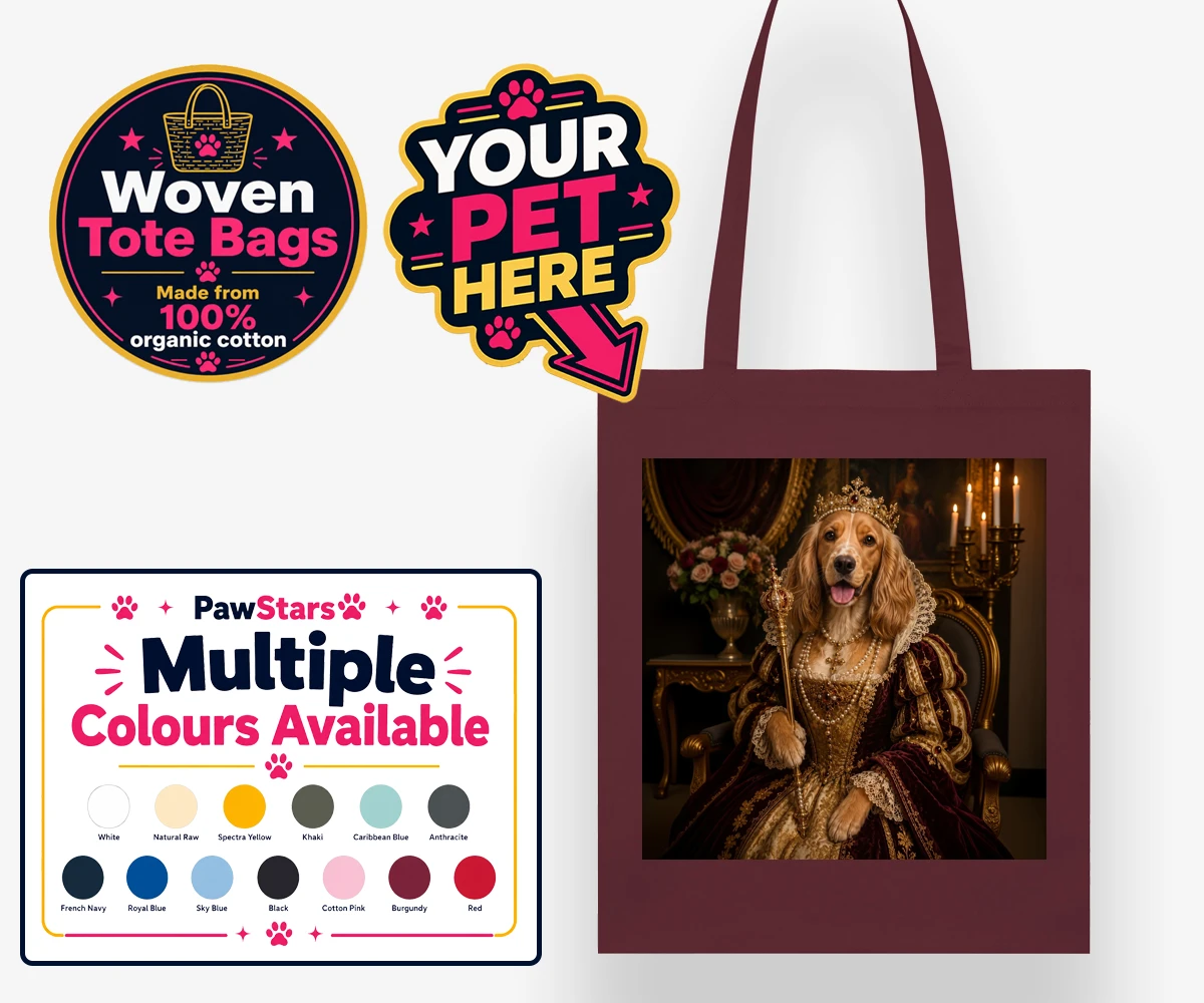 Personalised The Renaissance Paw Queen dog woven tote bags featuring step into a world of elegance and charm with The Renaissance Paw Queen