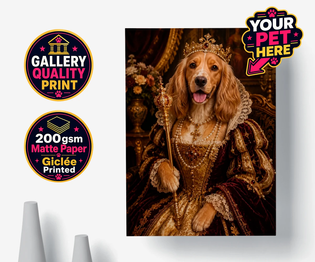 Personalised poster print of The Renaissance Paw Queen dog dressed in burgundy and gold gown with lace accents.