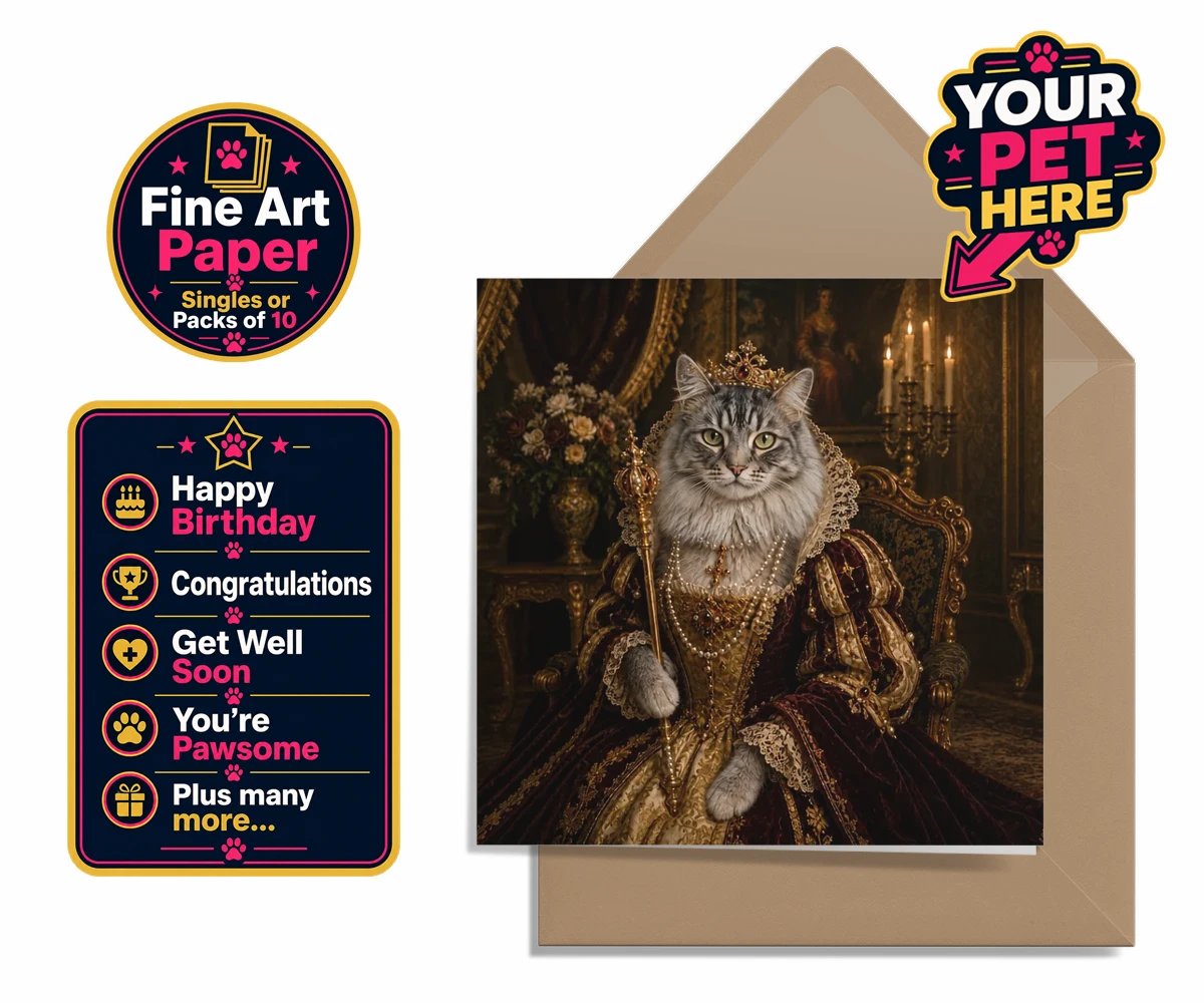 Personalised The Renaissance Paw Queen cat premium greetings cards featuring meet The Renaissance Paw Queen, an exquisite fusion of historical eleg