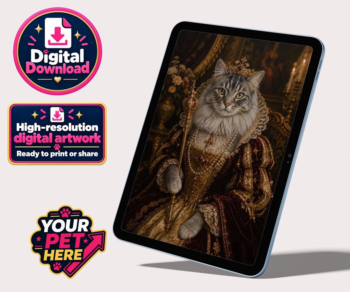 Personalised The Renaissance Paw Queen cat personalised digital downloads featuring meet The Renaissance Paw Queen, an exquisite fusion of historical eleg