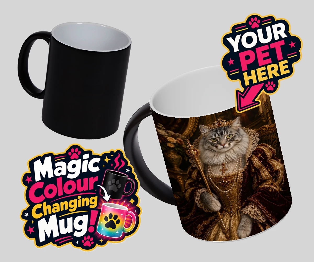 Personalised The Renaissance Paw Queen cat magic photo mugs featuring meet The Renaissance Paw Queen, an exquisite fusion of historical eleg