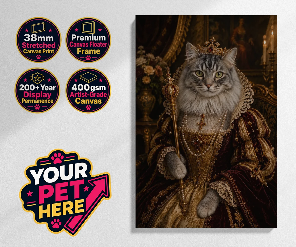Personalised The Renaissance Paw Queen cat stretched canvas print featuring meet The Renaissance Paw Queen, an exquisite fusion of historical eleg