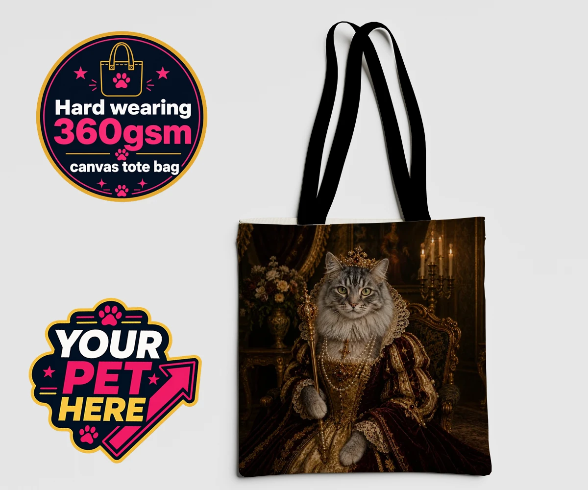 Personalised The Renaissance Paw Queen cat canvas tote bags featuring meet The Renaissance Paw Queen, an exquisite fusion of historical eleg