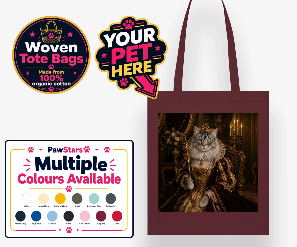 Personalised The Renaissance Paw Queen cat woven tote bags featuring meet The Renaissance Paw Queen, an exquisite fusion of historical eleg