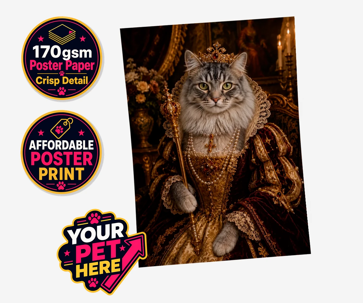 Personalised The Renaissance Paw Queen cat standard poster print featuring meet The Renaissance Paw Queen, a whimsical fusion of vintage elegance