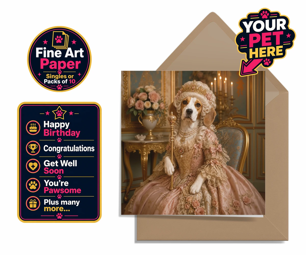 Personalised The Rococo Paw Queen dog premium greetings cards featuring a delightful portrait capturing the whimsical elegance of a cherished