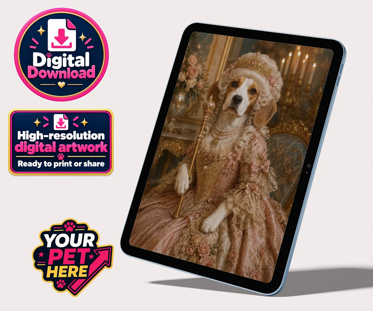 Personalised The Rococo Paw Queen dog personalised digital downloads featuring a delightful portrait capturing the whimsical elegance of a cherished