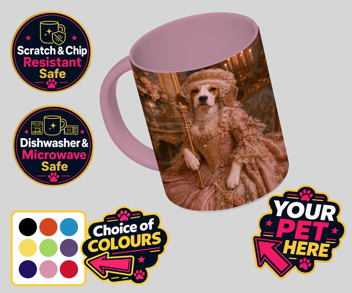 Personalised The Rococo Paw Queen dog coloured photo mugs featuring a delightful portrait capturing the whimsical elegance of a cherished