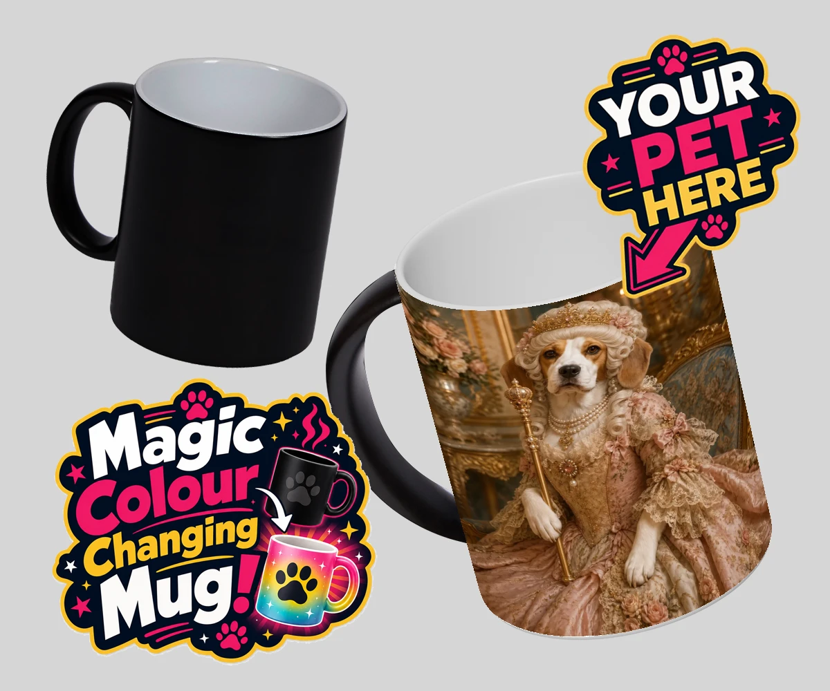 Personalised The Rococo Paw Queen dog magic photo mugs featuring a delightful portrait capturing the whimsical elegance of a cherished
