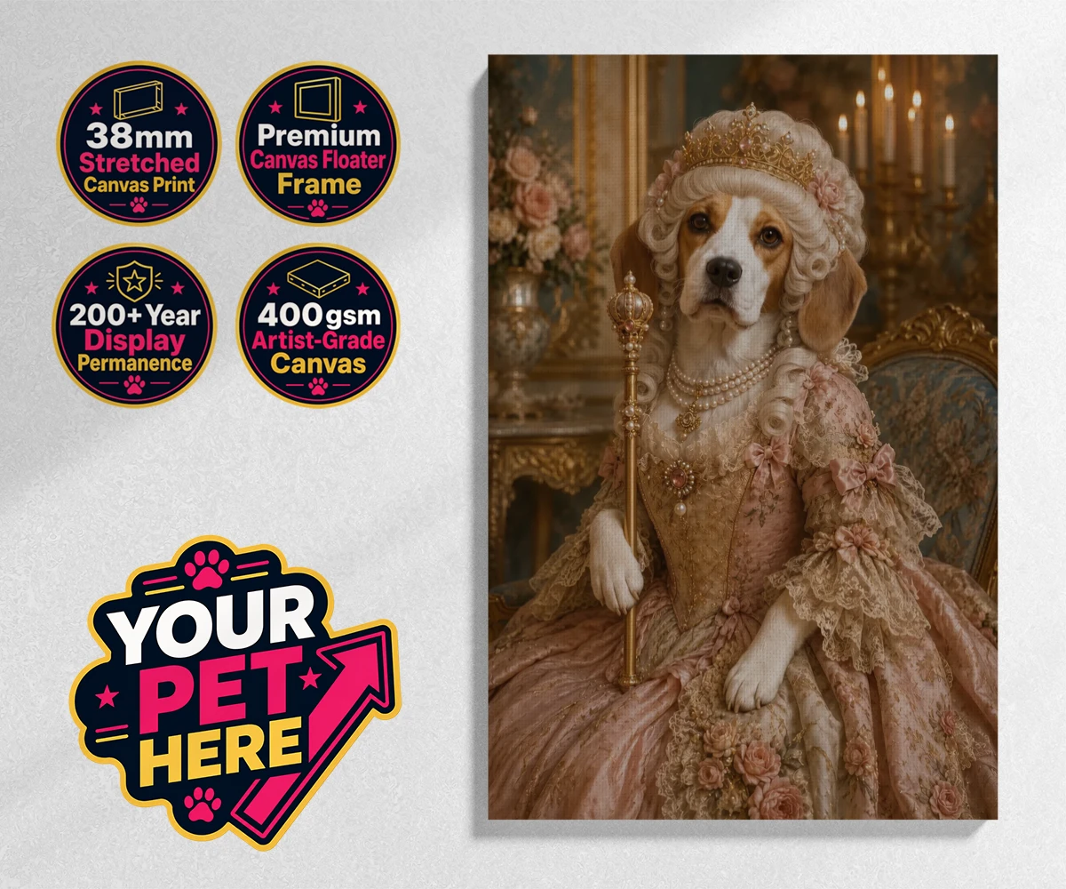 Personalised The Rococo Paw Queen dog stretched canvas print featuring a delightful portrait capturing the whimsical elegance of a cherished