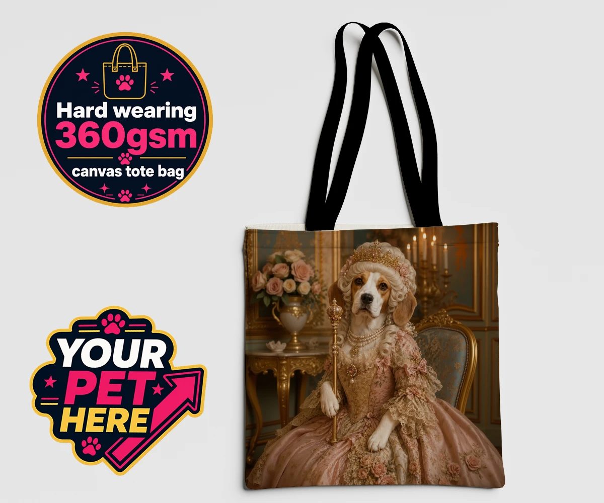 Personalised The Rococo Paw Queen dog canvas tote bags featuring a delightful portrait capturing the whimsical elegance of a cherished