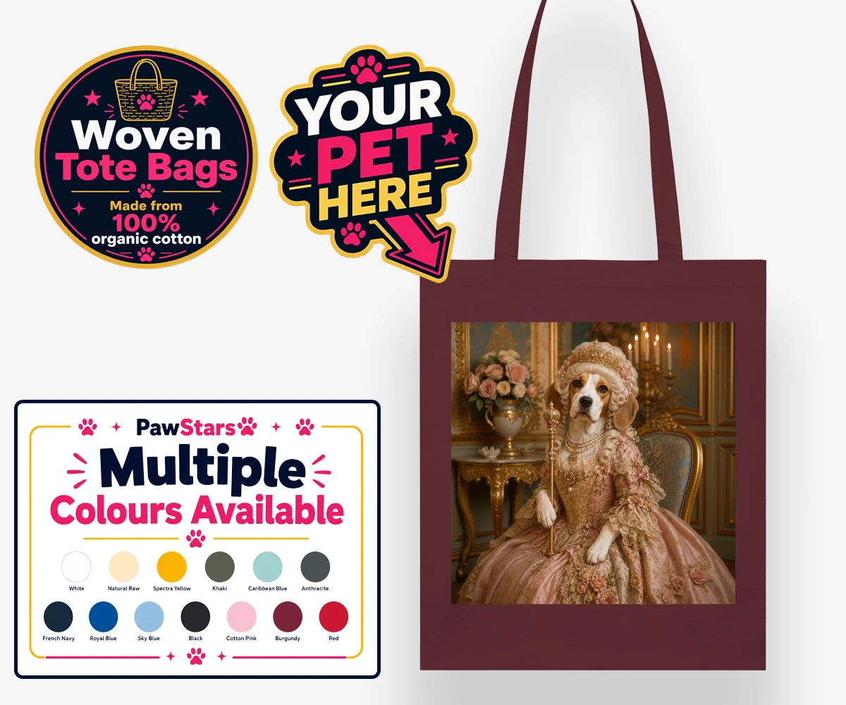 Personalised The Rococo Paw Queen dog woven tote bags featuring a delightful portrait capturing the whimsical elegance of a cherished
