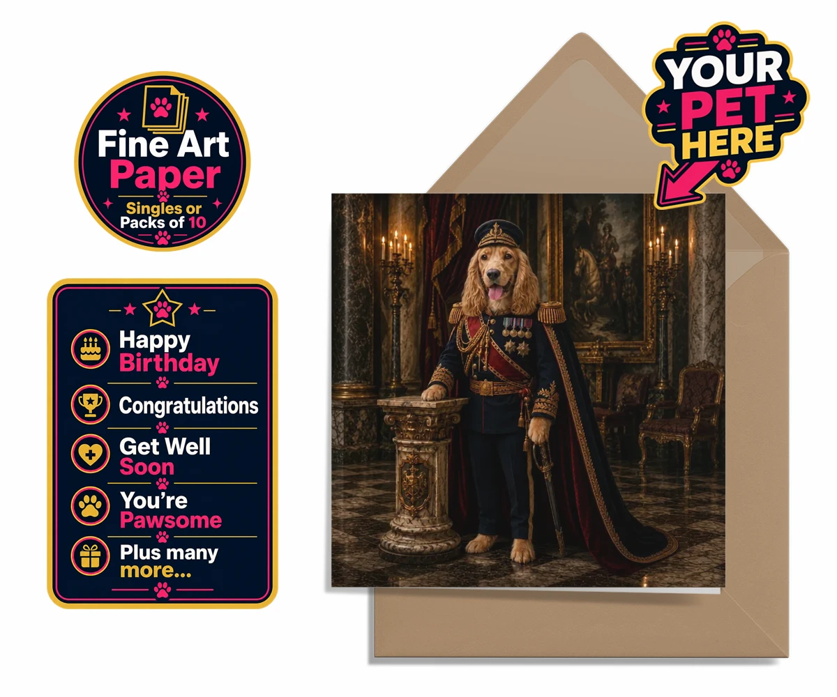 Personalised The Noble Admiral dog premium greetings cards featuring a splendid portrait that transforms your beloved canine into a regal f