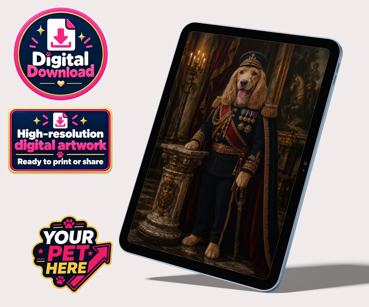 Personalised The Noble Admiral dog personalised digital downloads featuring a splendid portrait that transforms your beloved canine into a regal f