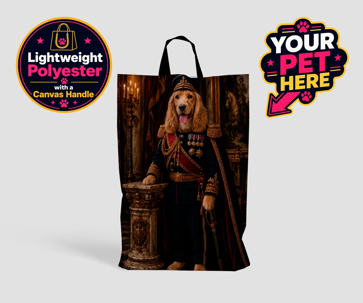 Personalised The Noble Admiral dog shopping bags featuring a splendid portrait that transforms your beloved canine into a regal f