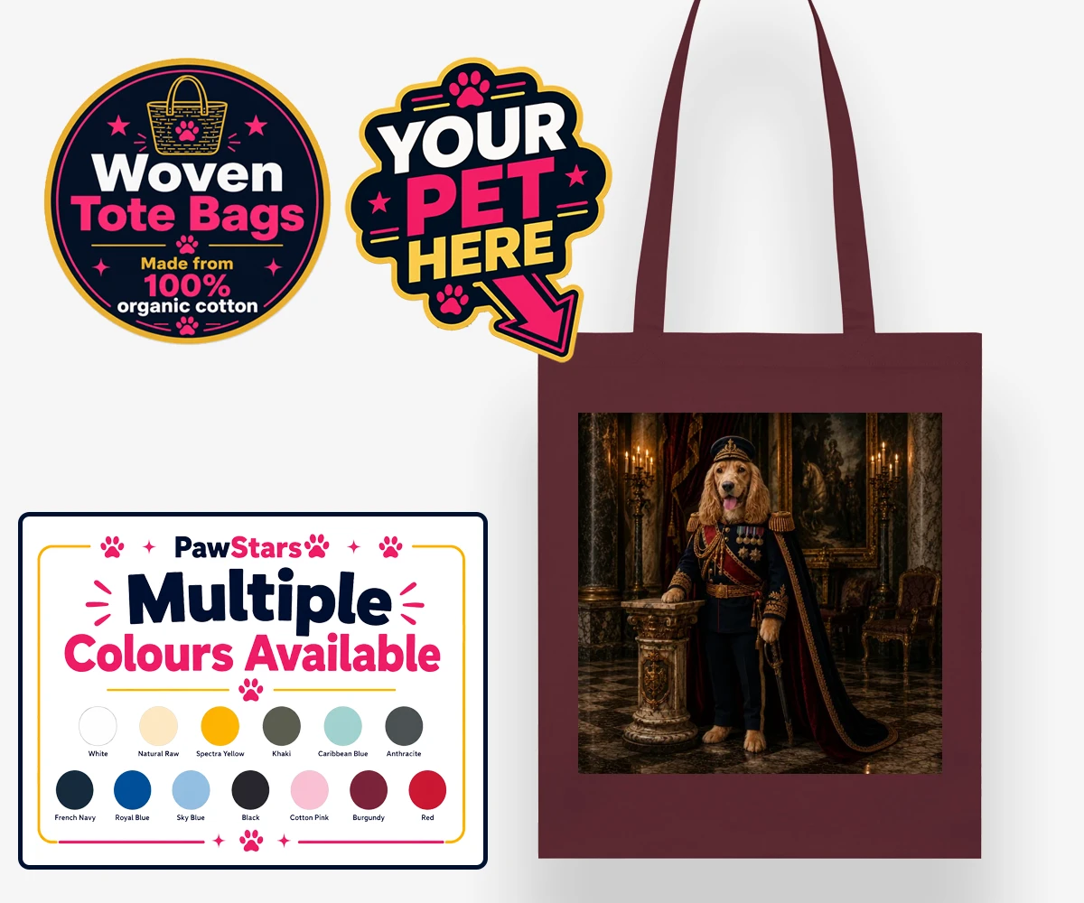 Personalised The Noble Admiral dog woven tote bags featuring a splendid portrait that transforms your beloved canine into a regal f