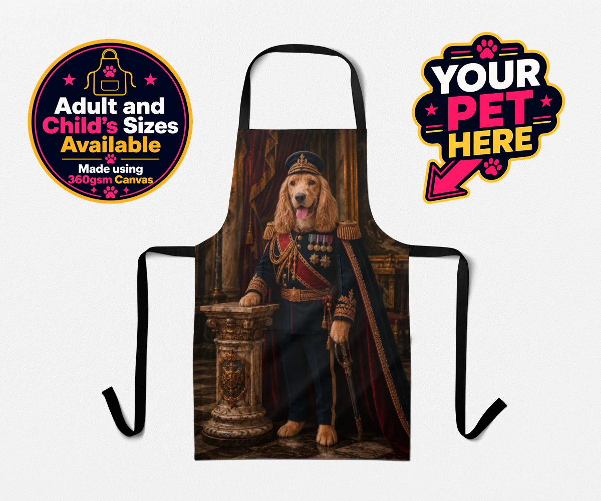 Personalised The Noble Admiral dog aprons featuring a splendid portrait that transforms your beloved canine into a regal f