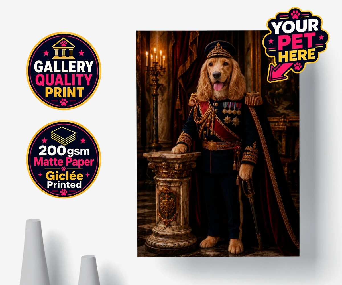 Personalised poster print of The Noble Admiral dog in a vintage military uniform with gold epaulettes and a grand cape
