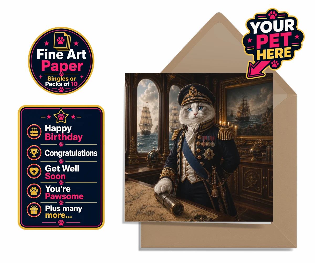 Personalised Royal Navy Admiral cat premium greetings cards featuring meet the Royal Navy Admiral, a regal feline ready to commandeer your h