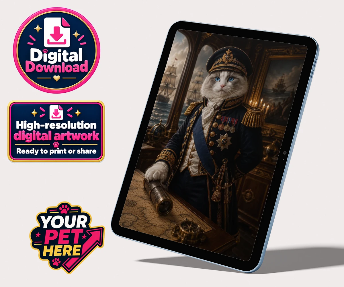 Personalised Royal Navy Admiral cat personalised digital downloads featuring meet the Royal Navy Admiral, a regal feline ready to commandeer your h