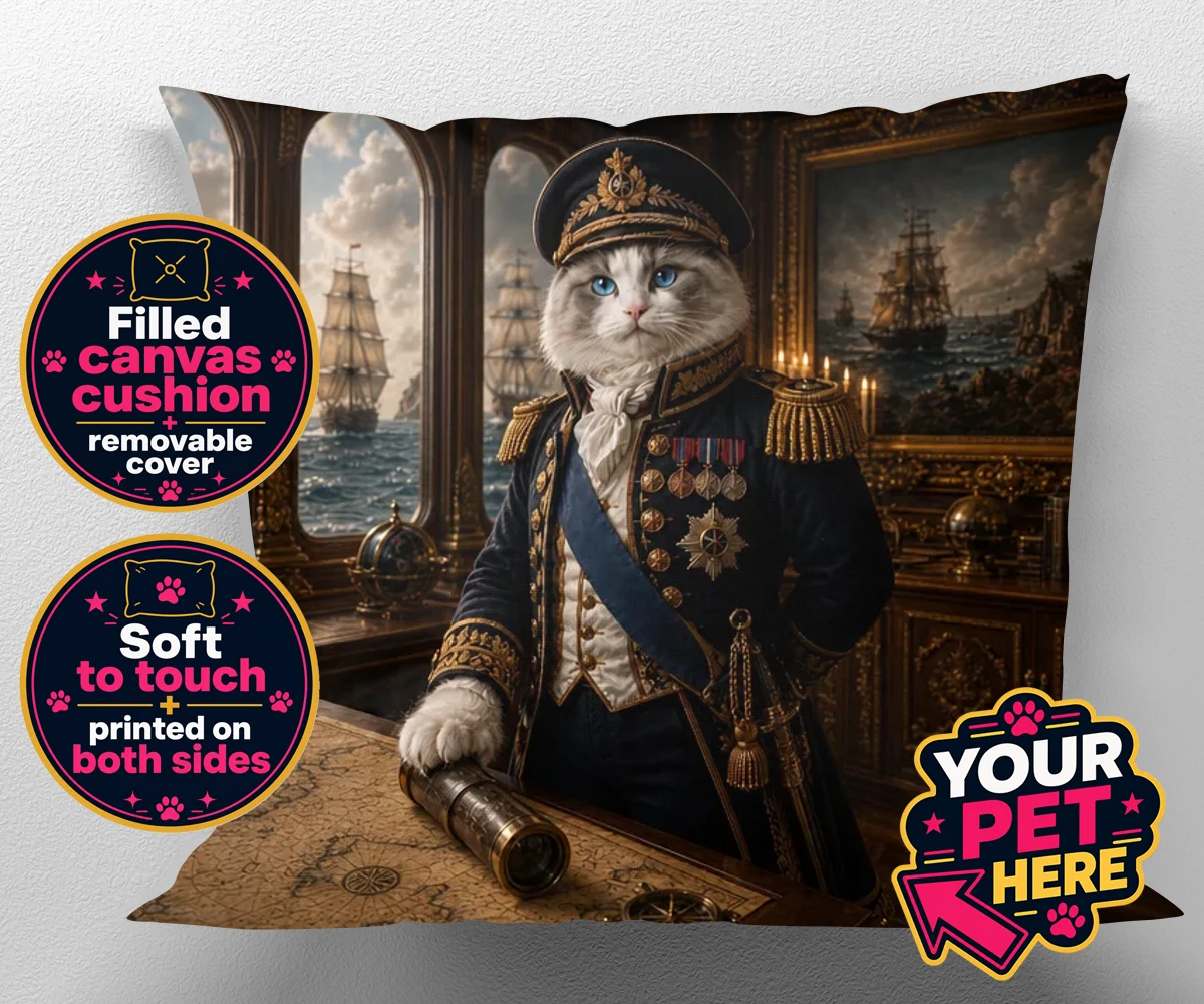 Personalised Royal Navy Admiral cat canvas cushions featuring meet the Royal Navy Admiral, a regal feline ready to commandeer your h