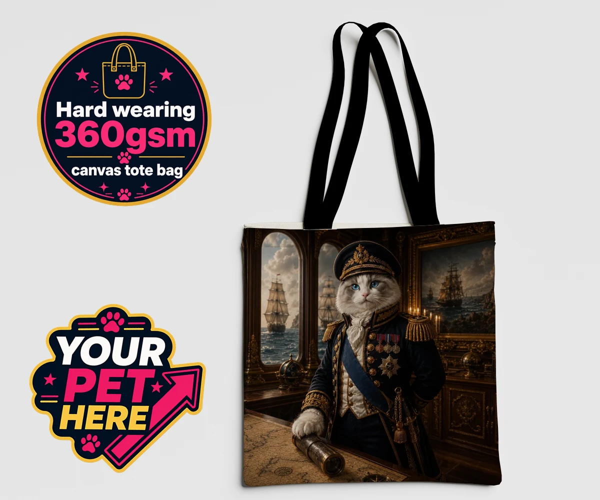Personalised Royal Navy Admiral cat canvas tote bags featuring meet the Royal Navy Admiral, a regal feline ready to commandeer your h