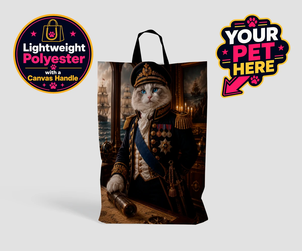 Personalised Royal Navy Admiral cat shopping bags featuring meet the Royal Navy Admiral, a regal feline ready to commandeer your h