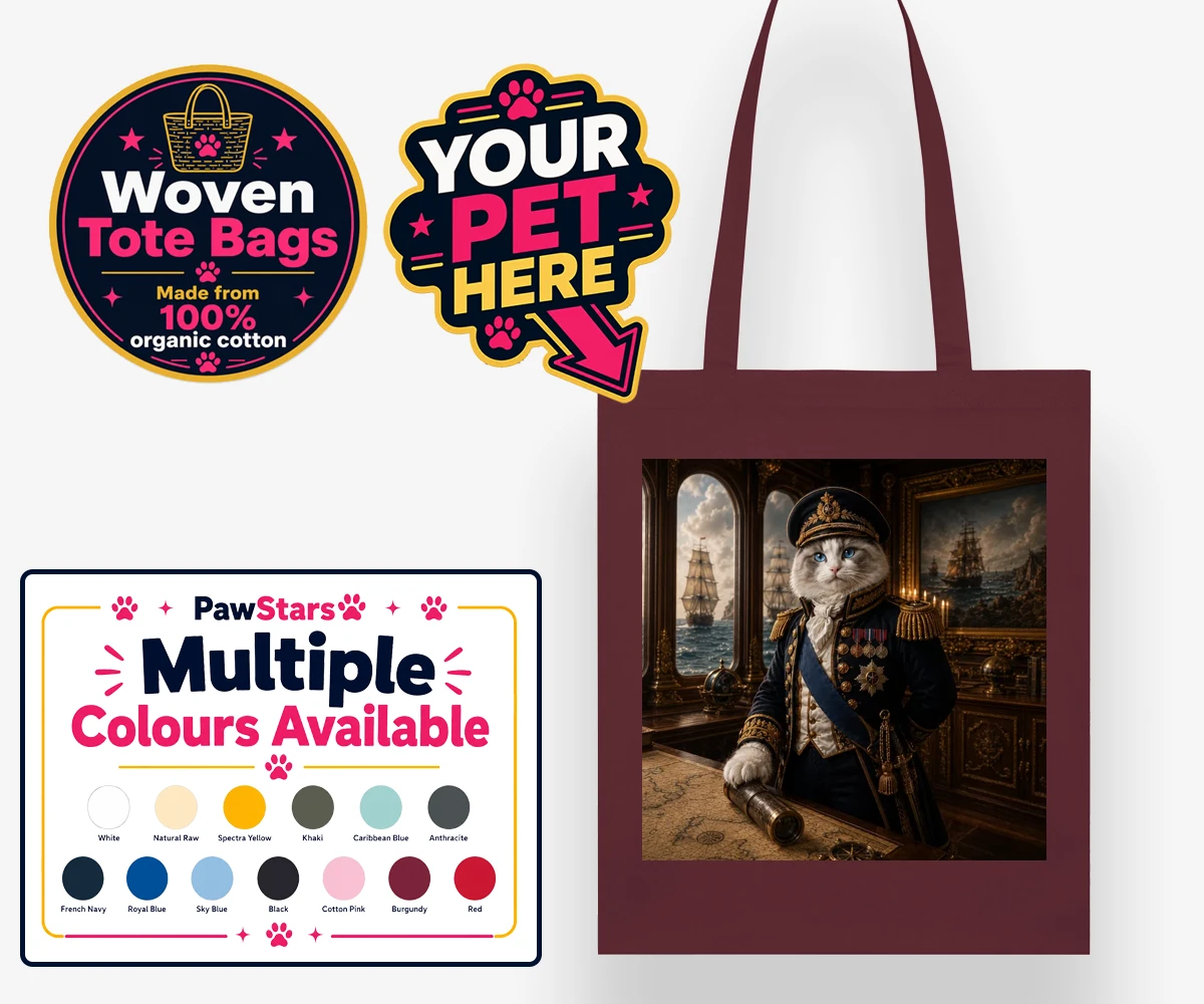 Personalised Royal Navy Admiral cat woven tote bags featuring meet the Royal Navy Admiral, a regal feline ready to commandeer your h