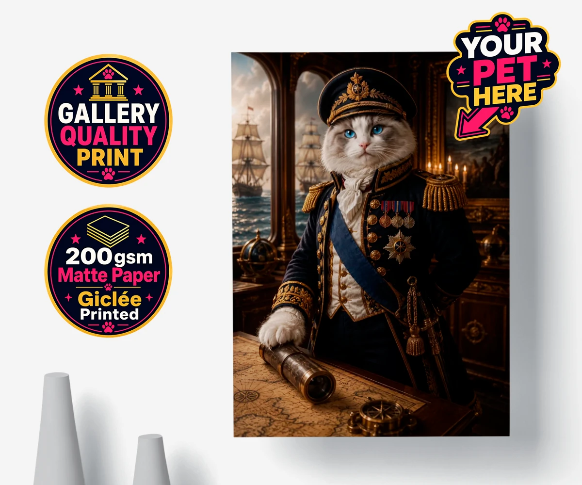 Personalised Royal Navy Admiral Cat Poster Print featuring a cat in a vintage naval uniform with medals