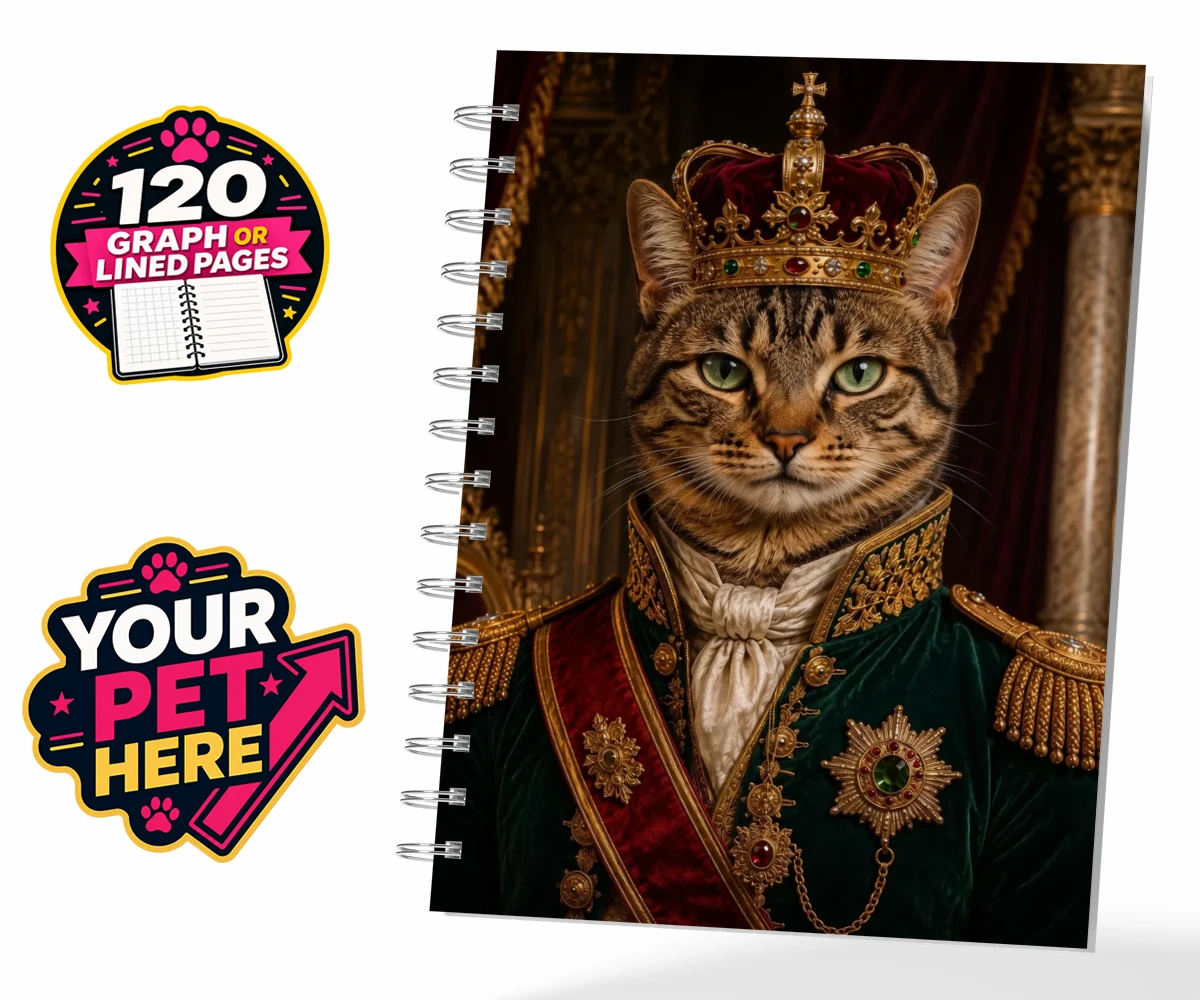 Personalised The Royal Monarch cat spiral notebook featuring an exquisite portrait that captures the regal essence of your feline f