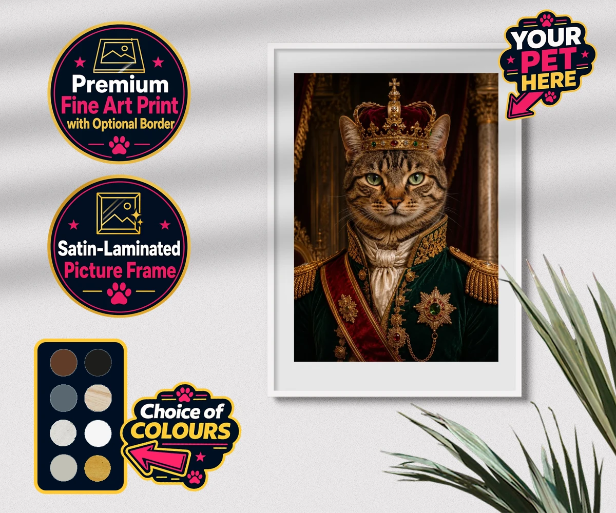 Personalised The Royal Monarch cat premium framed print featuring an exquisite portrait that captures the regal essence of your feline f