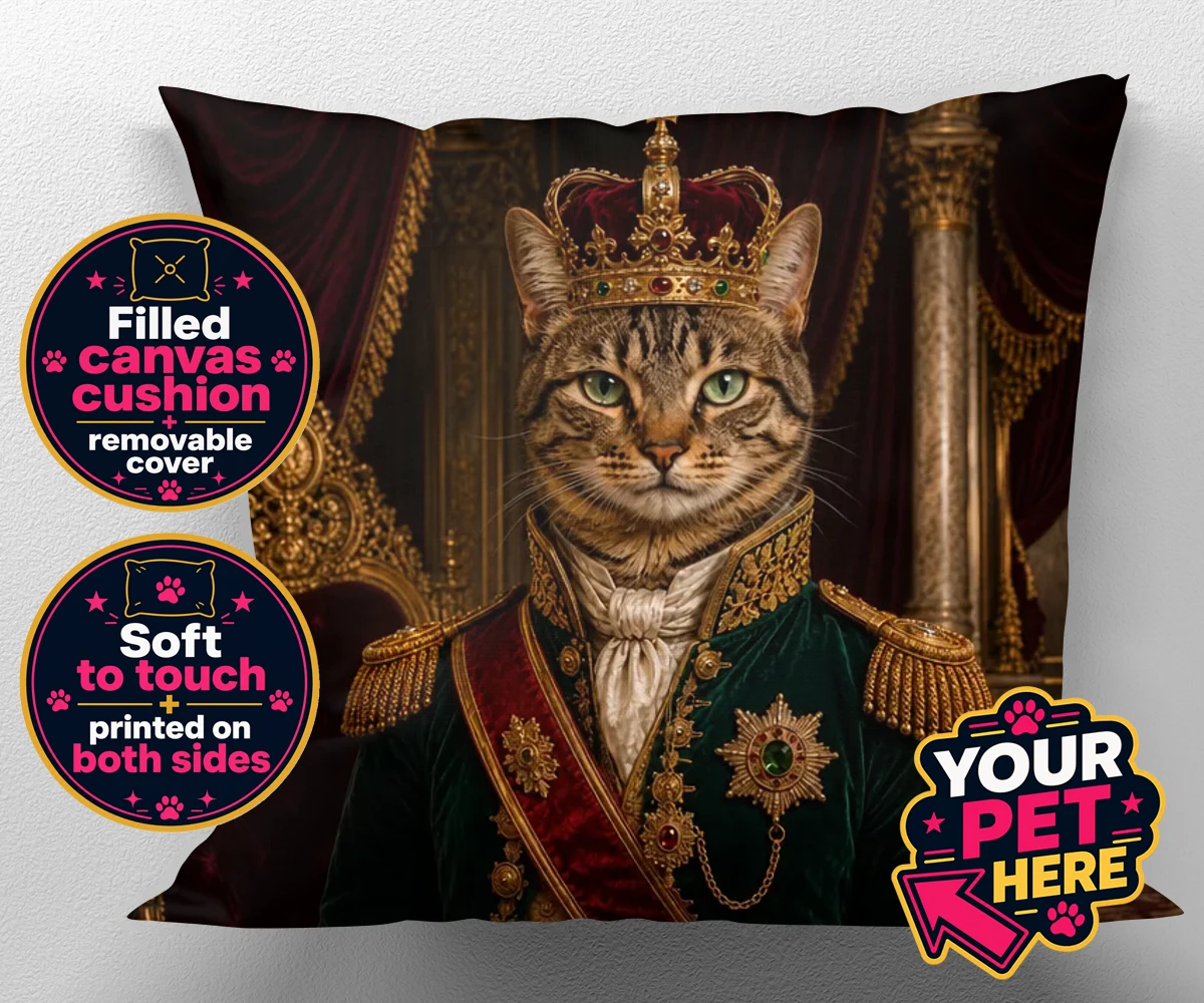 Personalised The Royal Monarch cat canvas cushions featuring an exquisite portrait that captures the regal essence of your feline f