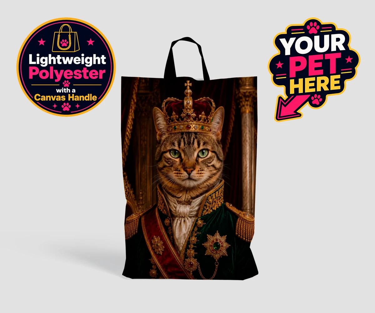 Personalised The Royal Monarch cat shopping bags featuring an exquisite portrait that captures the regal essence of your feline f