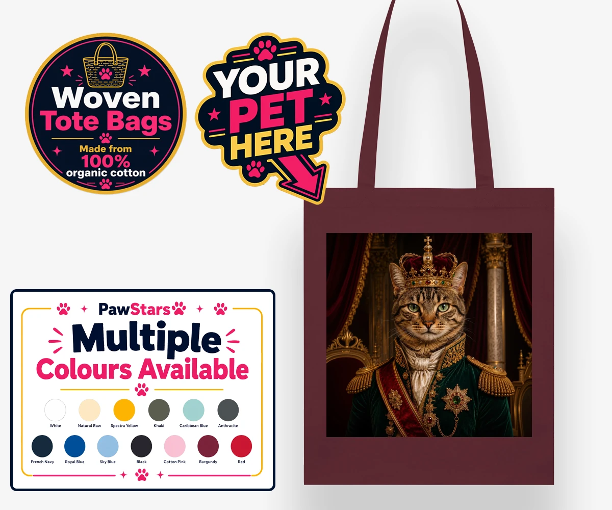 Personalised The Royal Monarch cat woven tote bags featuring an exquisite portrait that captures the regal essence of your feline f