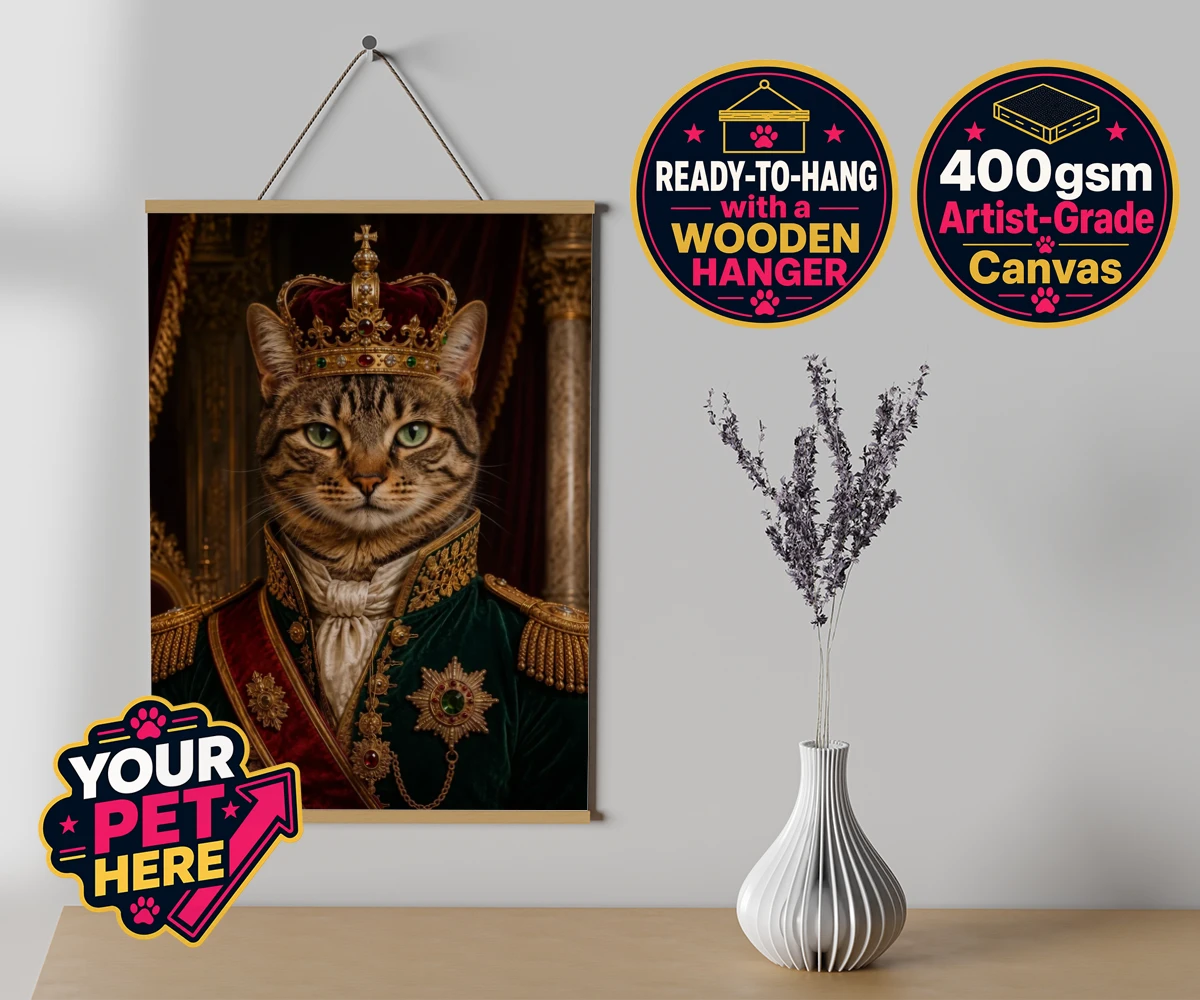 Personalised The Royal Monarch cat canvas poster prints with hanger featuring an exquisite portrait that captures the regal essence of your feline f