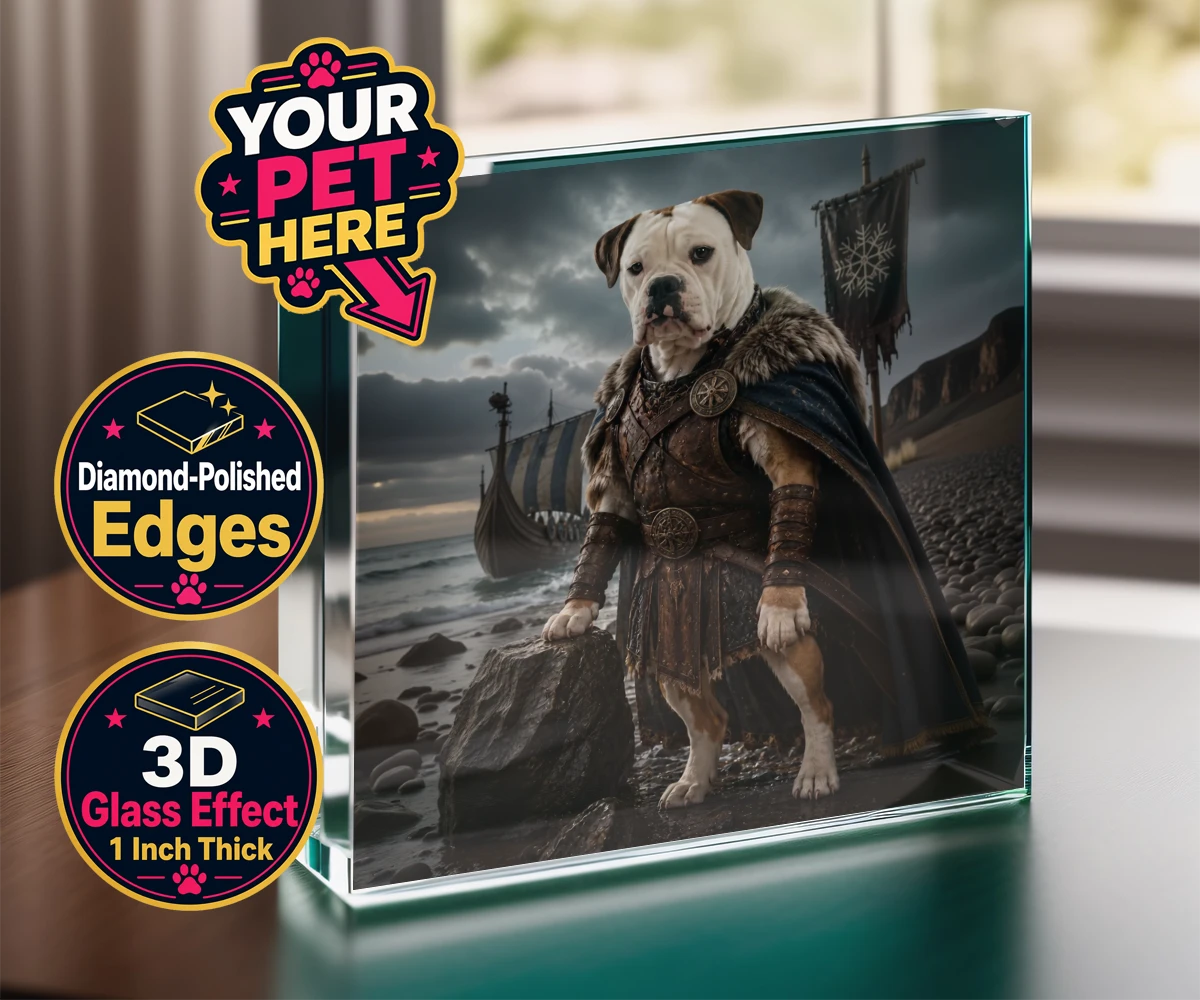 Personalised Viking Warrior dog acrylic prisms featuring a truly unique custom pet portrait that channels the spirit of adventu