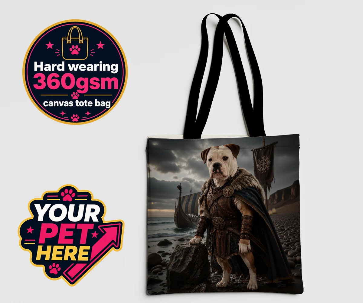 Personalised Viking Warrior dog canvas tote bags featuring a truly unique custom pet portrait that channels the spirit of adventu