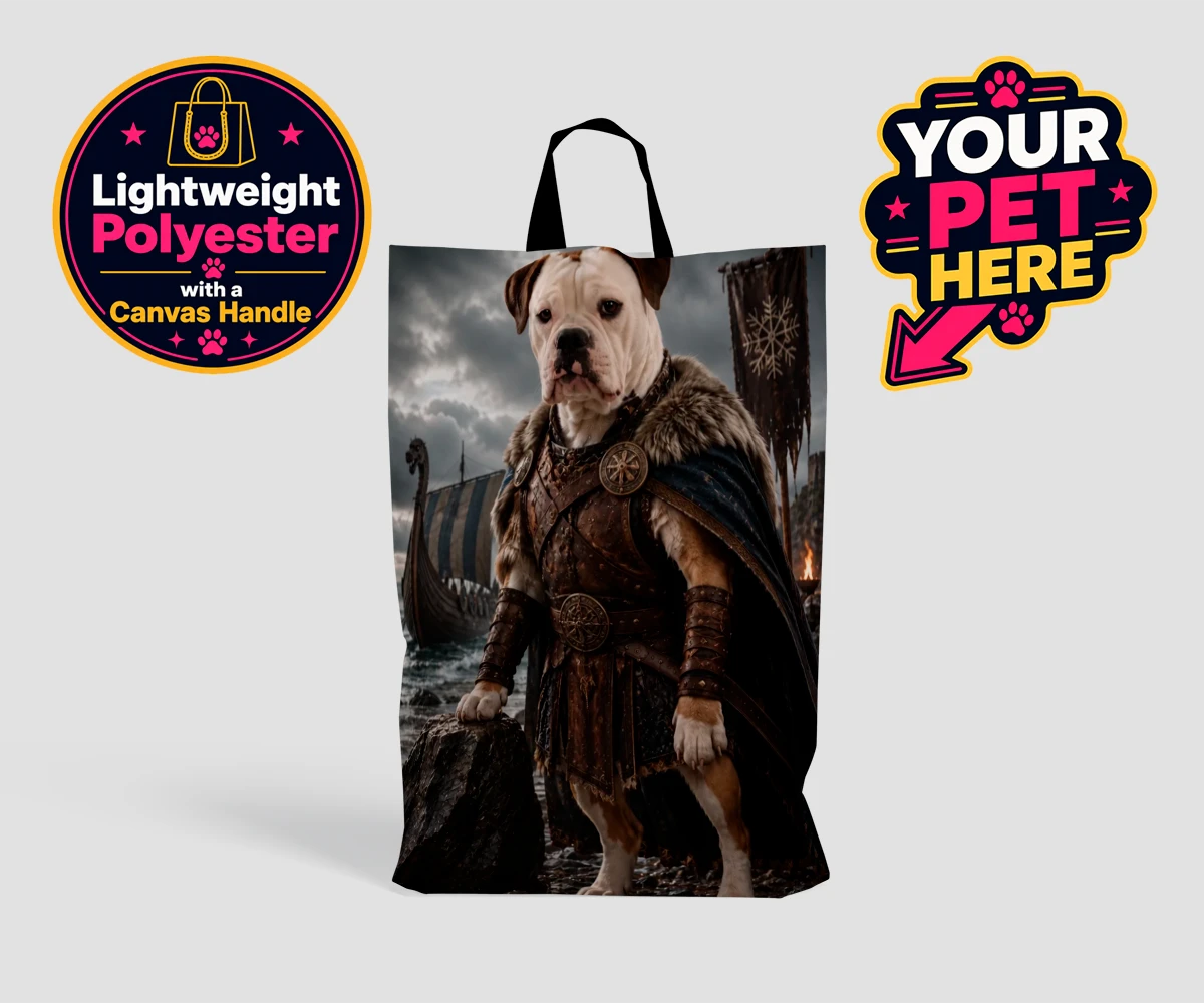 Personalised Viking Warrior dog shopping bags featuring a truly unique custom pet portrait that channels the spirit of adventu