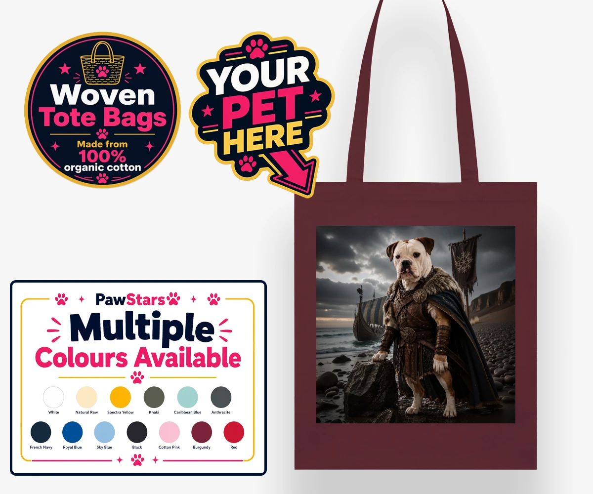 Personalised Viking Warrior dog woven tote bags featuring a truly unique custom pet portrait that channels the spirit of adventu