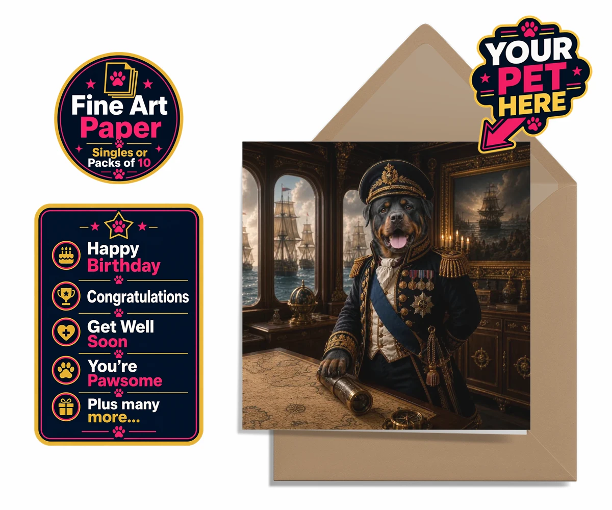 Personalised Royal Navy Admiral dog premium greetings cards featuring meet the Royal Navy Admiral, an enchanting portrait that brings a dash