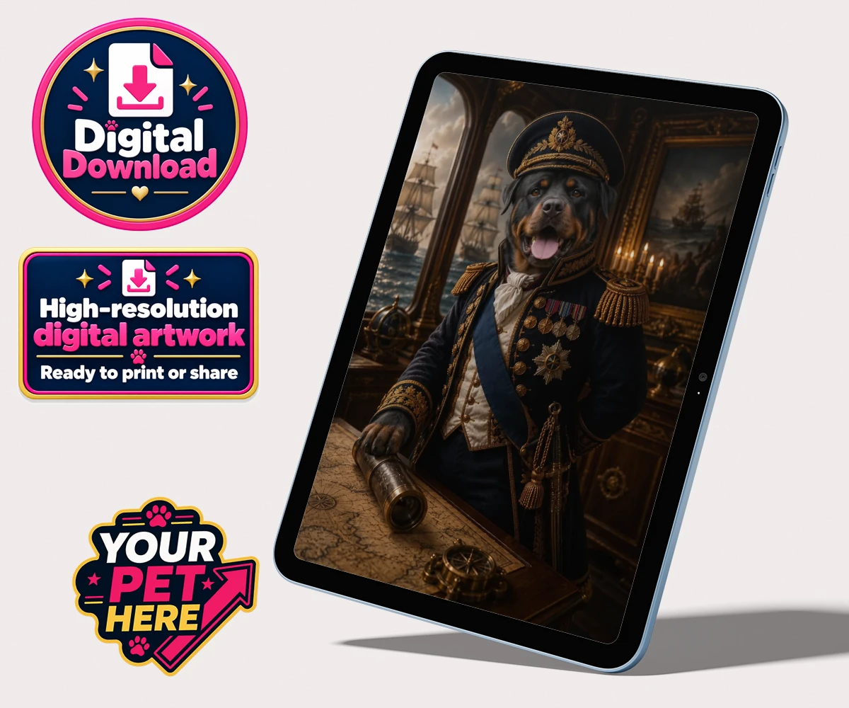 Personalised Royal Navy Admiral dog personalised digital downloads featuring meet the Royal Navy Admiral, an enchanting portrait that brings a dash