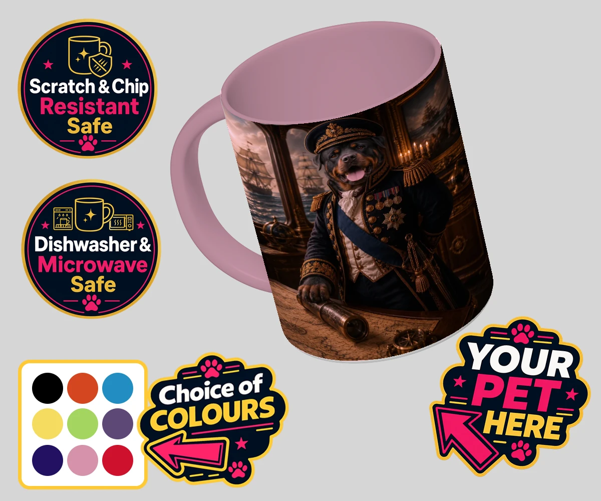 Personalised Royal Navy Admiral dog coloured photo mugs featuring meet the Royal Navy Admiral, an enchanting portrait that brings a dash