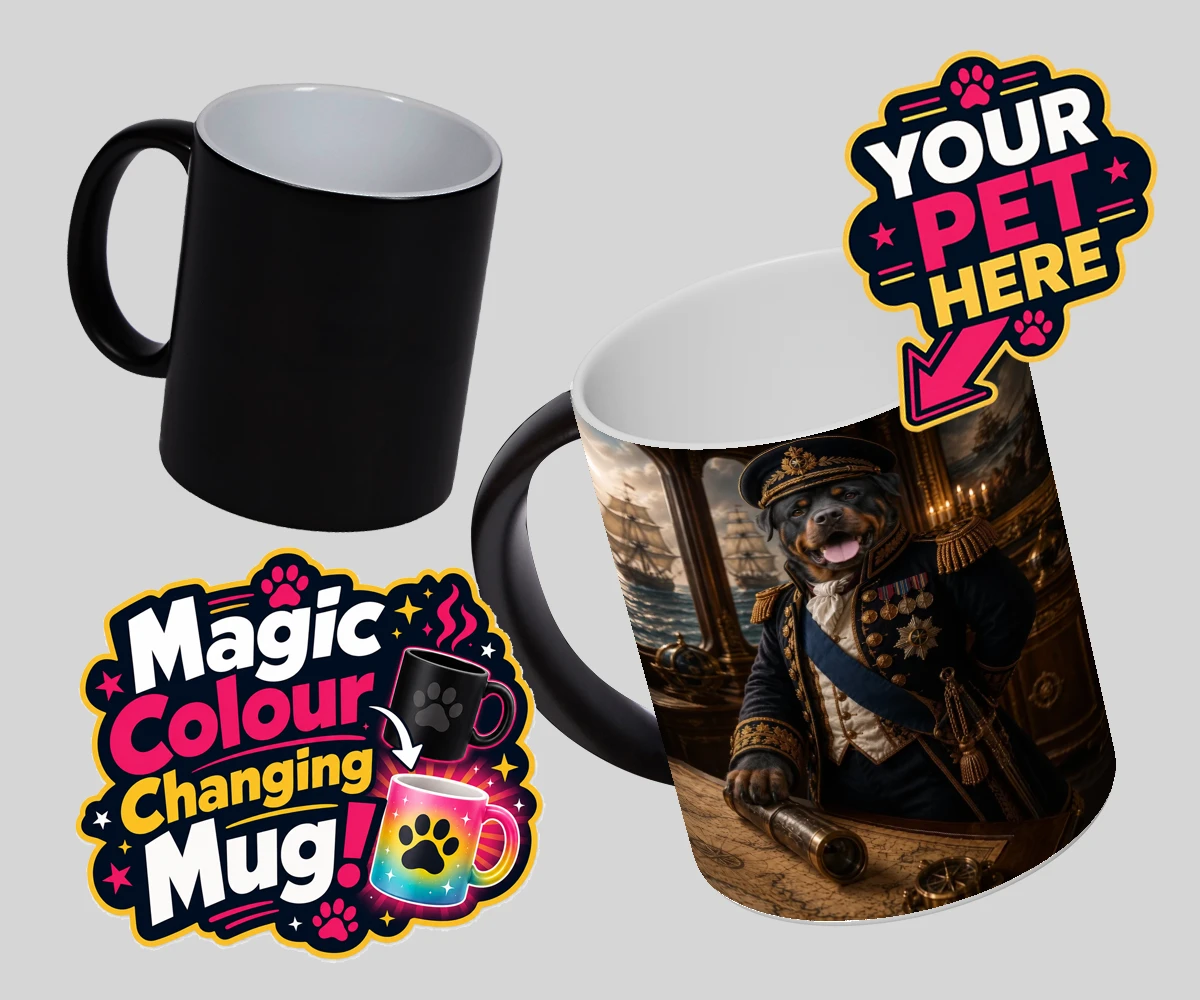 Personalised Royal Navy Admiral dog magic photo mugs featuring meet the Royal Navy Admiral, an enchanting portrait that brings a dash