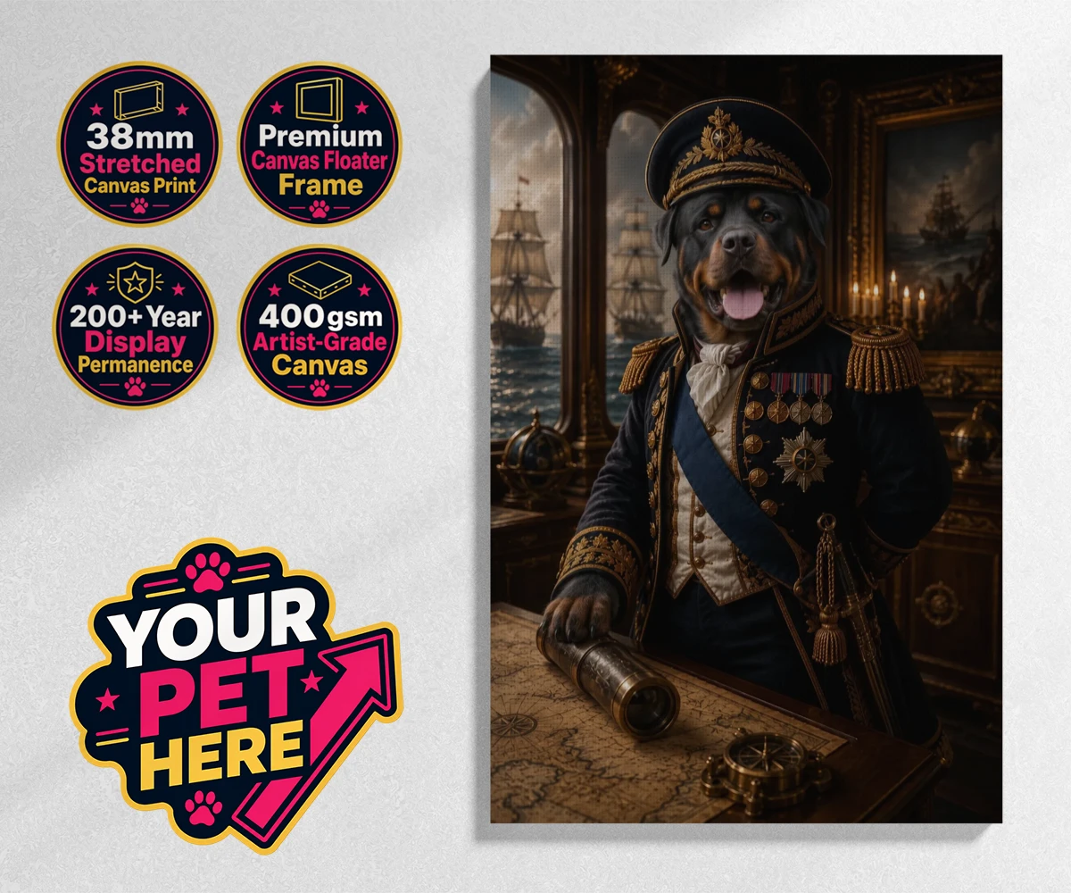 Personalised Royal Navy Admiral dog stretched canvas print featuring meet the Royal Navy Admiral, an enchanting portrait that brings a dash