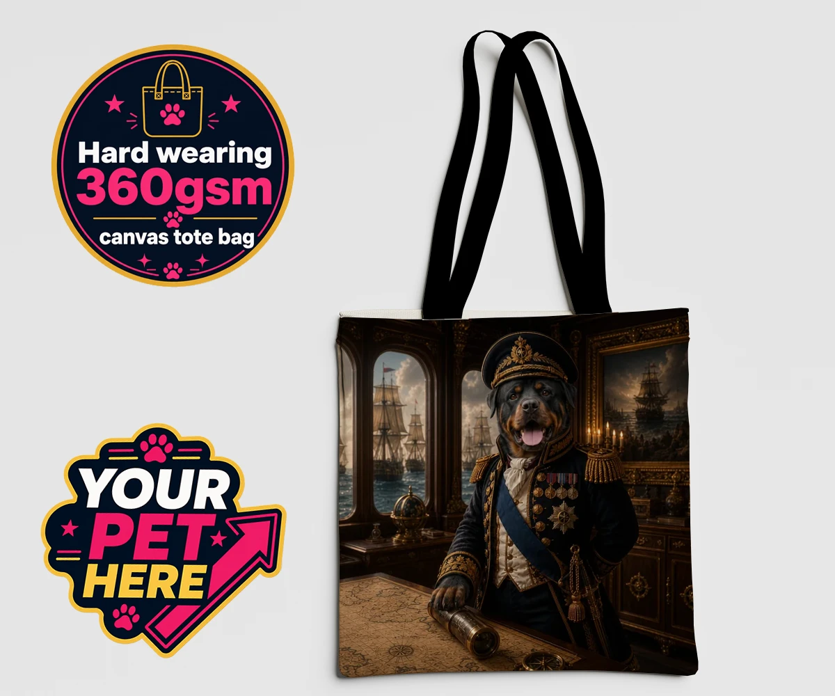 Personalised Royal Navy Admiral dog canvas tote bags featuring meet the Royal Navy Admiral, an enchanting portrait that brings a dash