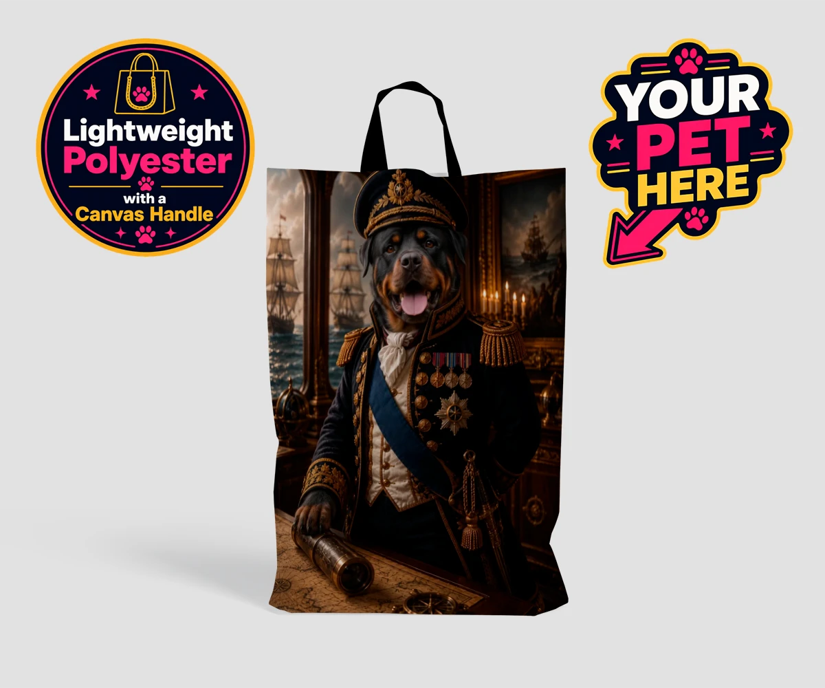 Personalised Royal Navy Admiral dog shopping bags featuring meet the Royal Navy Admiral, an enchanting portrait that brings a dash